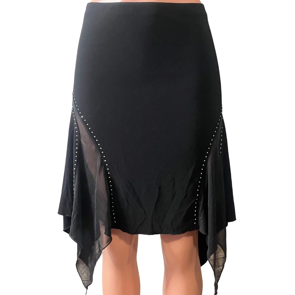 Vintage Y2K Black Handkerchief Skirt Size L Sheer Panels Rhinestone Goth USA
